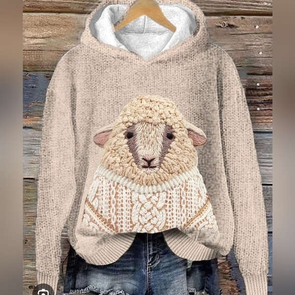 Temu Tops - Cute Sheep Hoodie in Beige and Cream. New. Lightweight Thin Polyester.